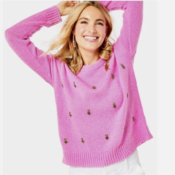Lily Pulitzer Pink Stilla Sweater Floral Rhinestones Long Sleeve Size XS - Picture 2 of 16